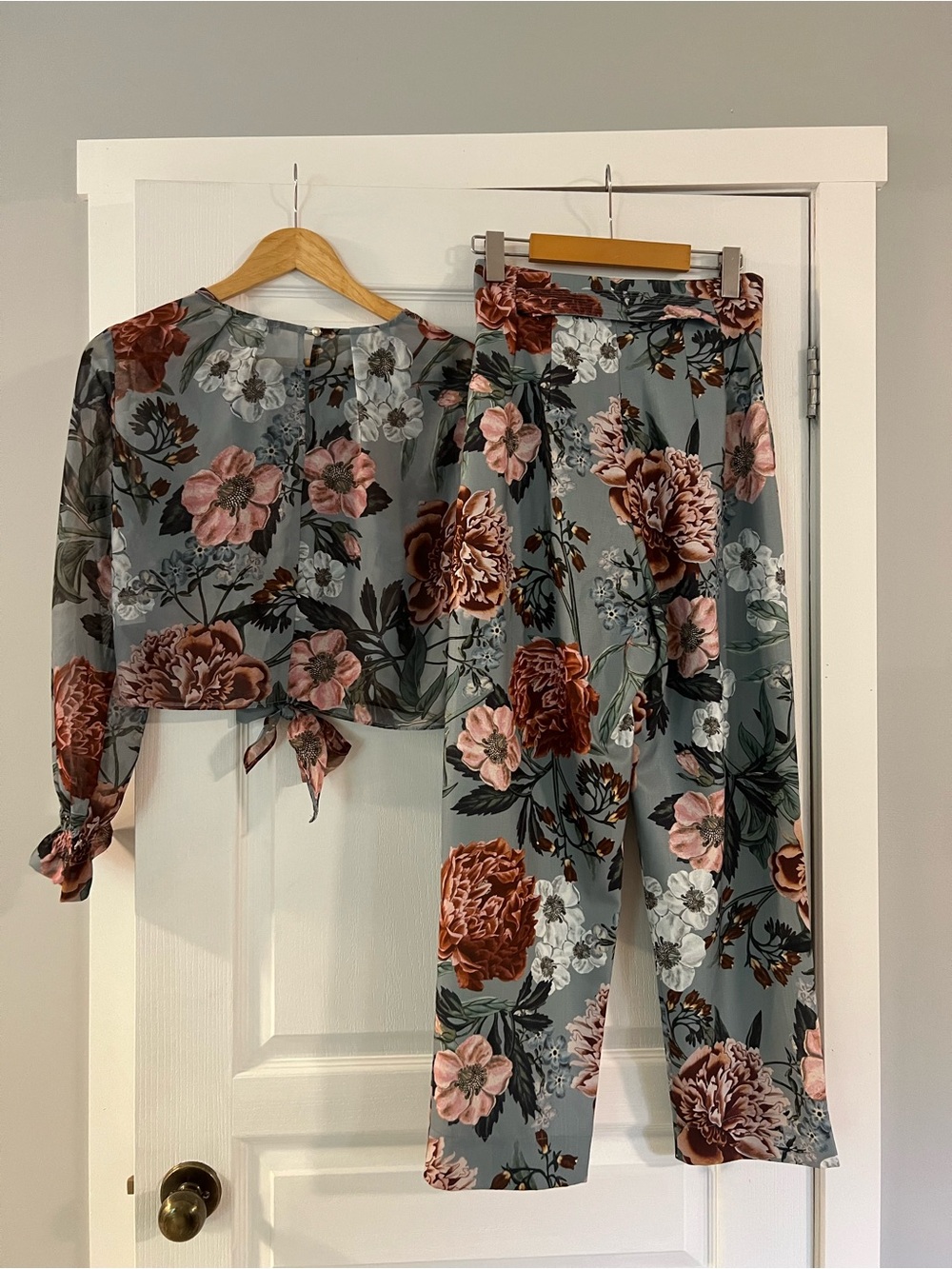 Sheike Dusty Blue Floral Straight-Leg Pants & Tie-Front Top